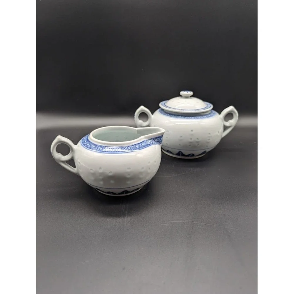 Vintage‎ Jingdezhen Rice Grain Sugar Creamer Set Chrysanthemum Porcelain Tea